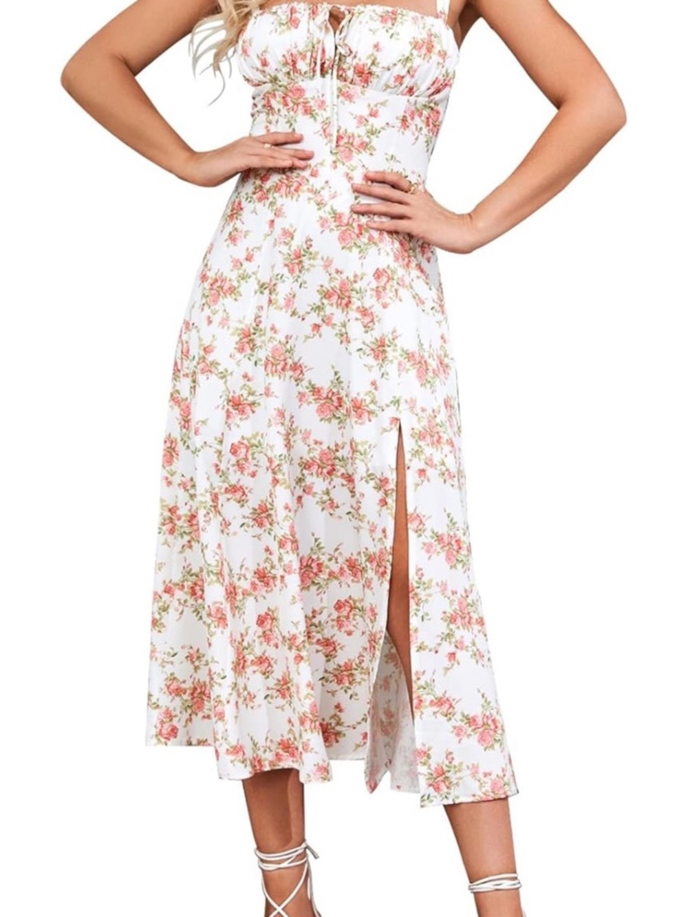 NWT Amazon Summer Corset Dress Floral Midi Dress with Pink Blossoms